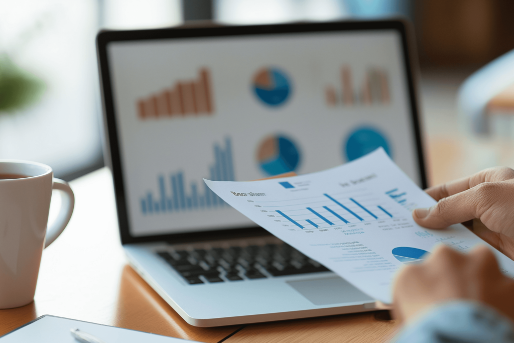 A man on his laptop holding paper